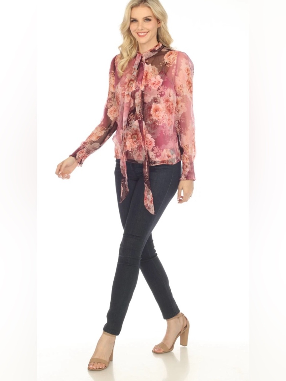 Johnny Was CARINA silk Floral Tie-Neck Long Sleeve Blouse - Pink M